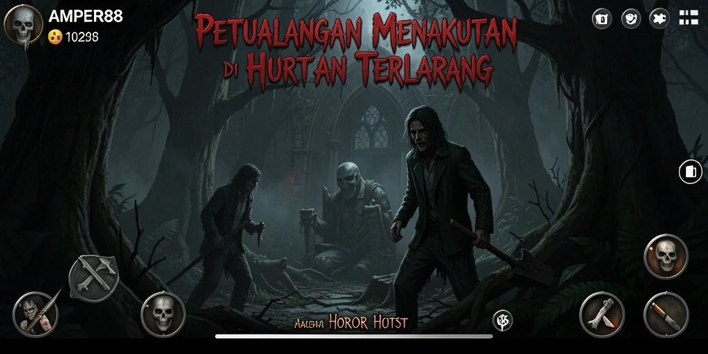 Tampilan antarmuka menakutkan dalam game Horor Hutan AMPER88.