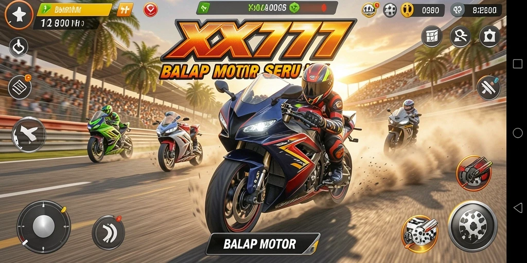 Screenshot antarmuka game XXX777 menampilkan balapan motor yang mendebarkan.